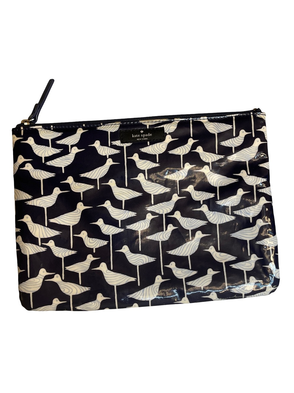 Kate Spade New York Graphic Bird Print Zipper Pouch Cosmetic Case Navy Blue